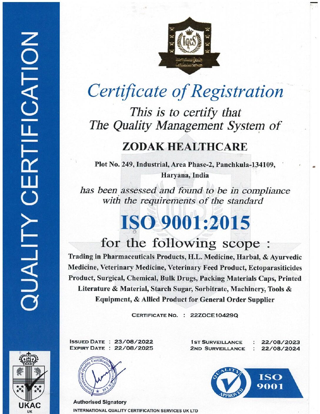 CERTIFICATE ZODAK HEALTHCARE